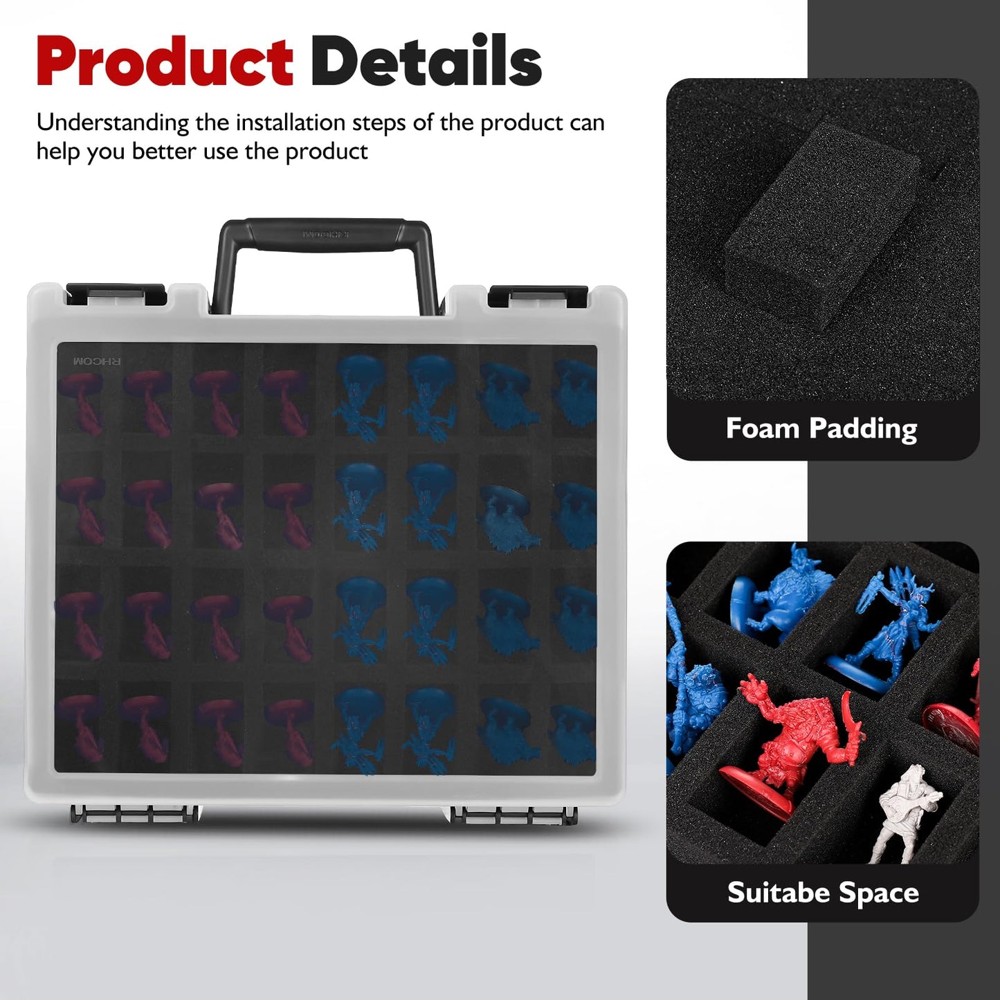 RISOU Sturdy Miniature Figure Storage Carrying Case for Standard Sized Figures - 128 Slot Miniature Figure Box Compatible with 40k,D&D and More.(CASE ONLY)