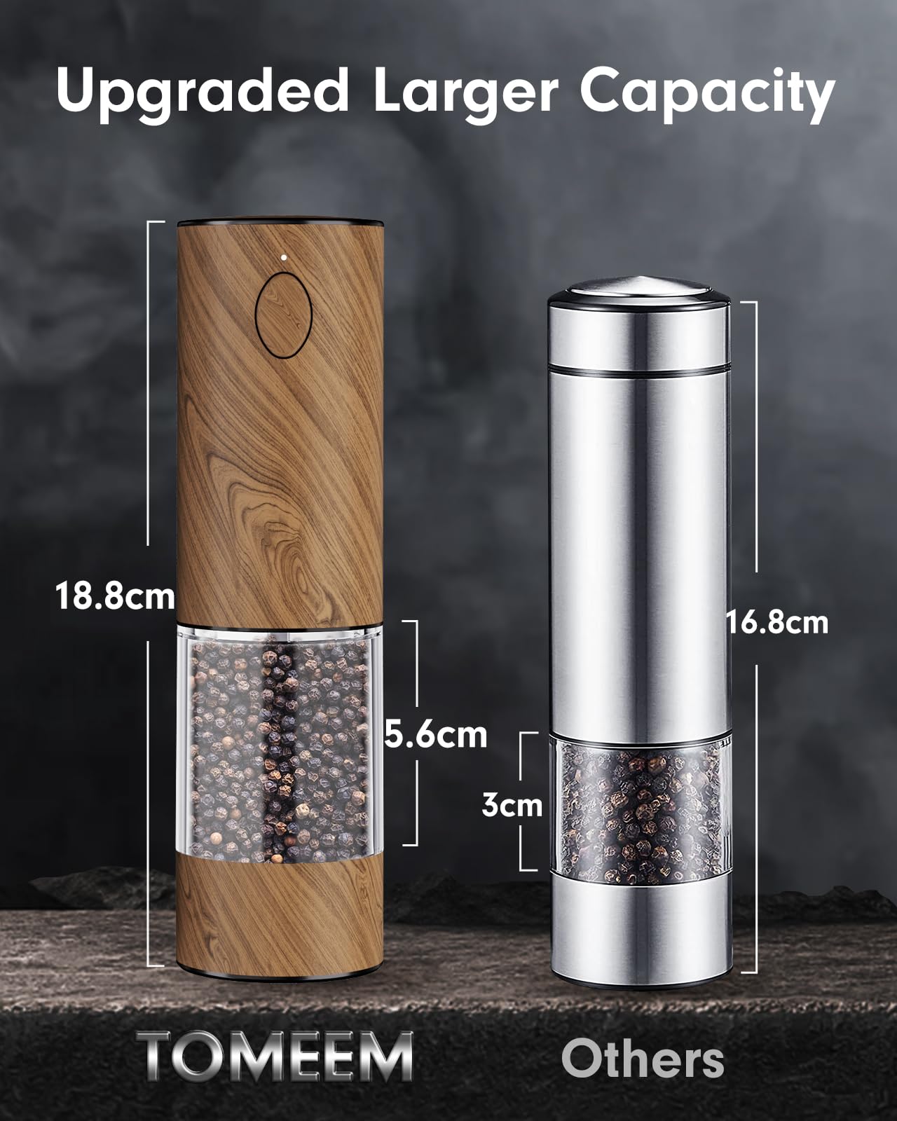 TOMEEM Upgraded Larger Capacity Electric Salt and Pepper Grinder Set Rechargeable with LED lights, Stainless Steel Automatic Pepper and Salt Grinder Refillable with 5 Adjustable Coarseness Wood Grain