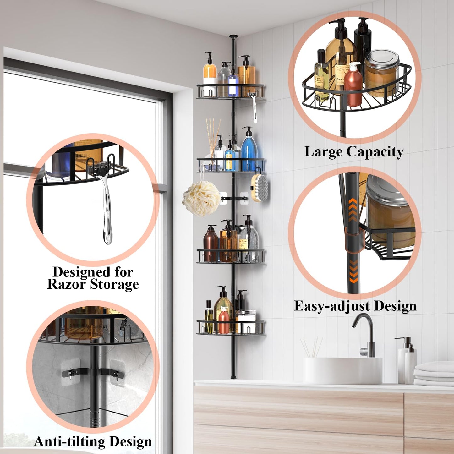 Peyulia 4-Tier Rustproof Corner Shower Caddy with Tension Pole, 42-115 Inch Adjustable Height Shower Organizer, Shower Shelves with Hooks, Freestanding Bathroom Organizer - Black