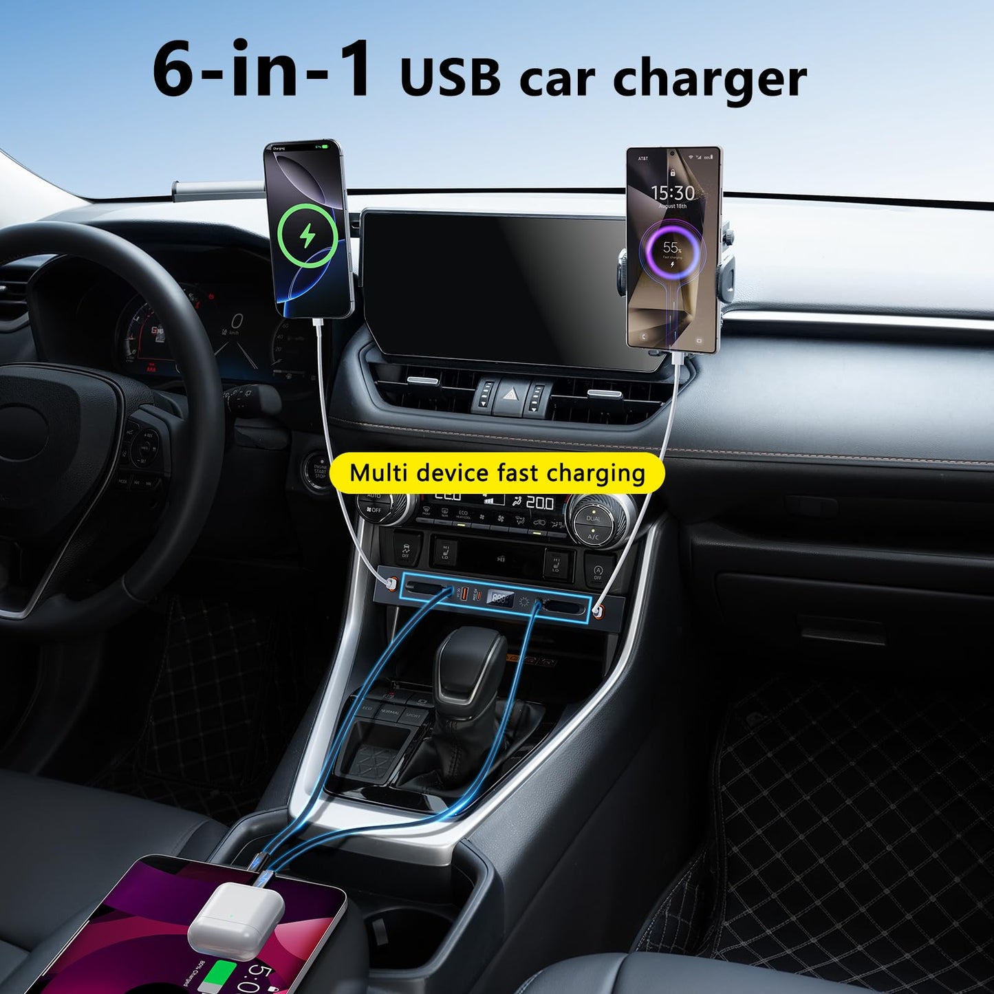 ELOHEI Car Charger Compatible with Toyota RAV4, Fast Charger for Toyota RAV4 Accessories 2020 2021 2022 2023 2024 2025 Multi Port Retractable Docking Station