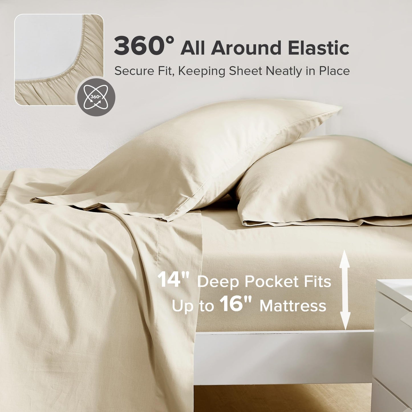 Comfort Spaces 100% Cotton Sheets Queen, Breathable & Ultra Soft Cotton Sheets, Naturally Cool Cotton Bed Sheets with 14" Elastic Pocket Fits up to 16" Mattress, All Seasons Sheet Set, Cream 4 Piece