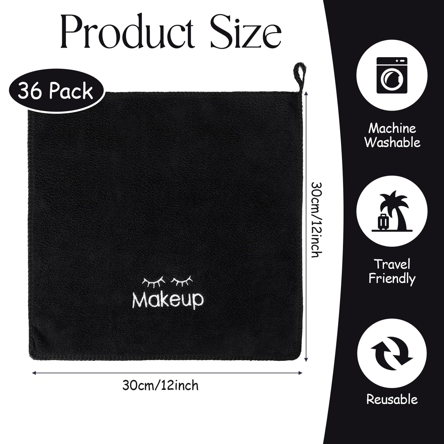 Macarrie 36 Pcs Makeup Remover Cloth Towels Face Washcloth Soft Microfiber Wash Cloths Black Make Up Washing Face Rag Facial Towel for Skin Care(Black)