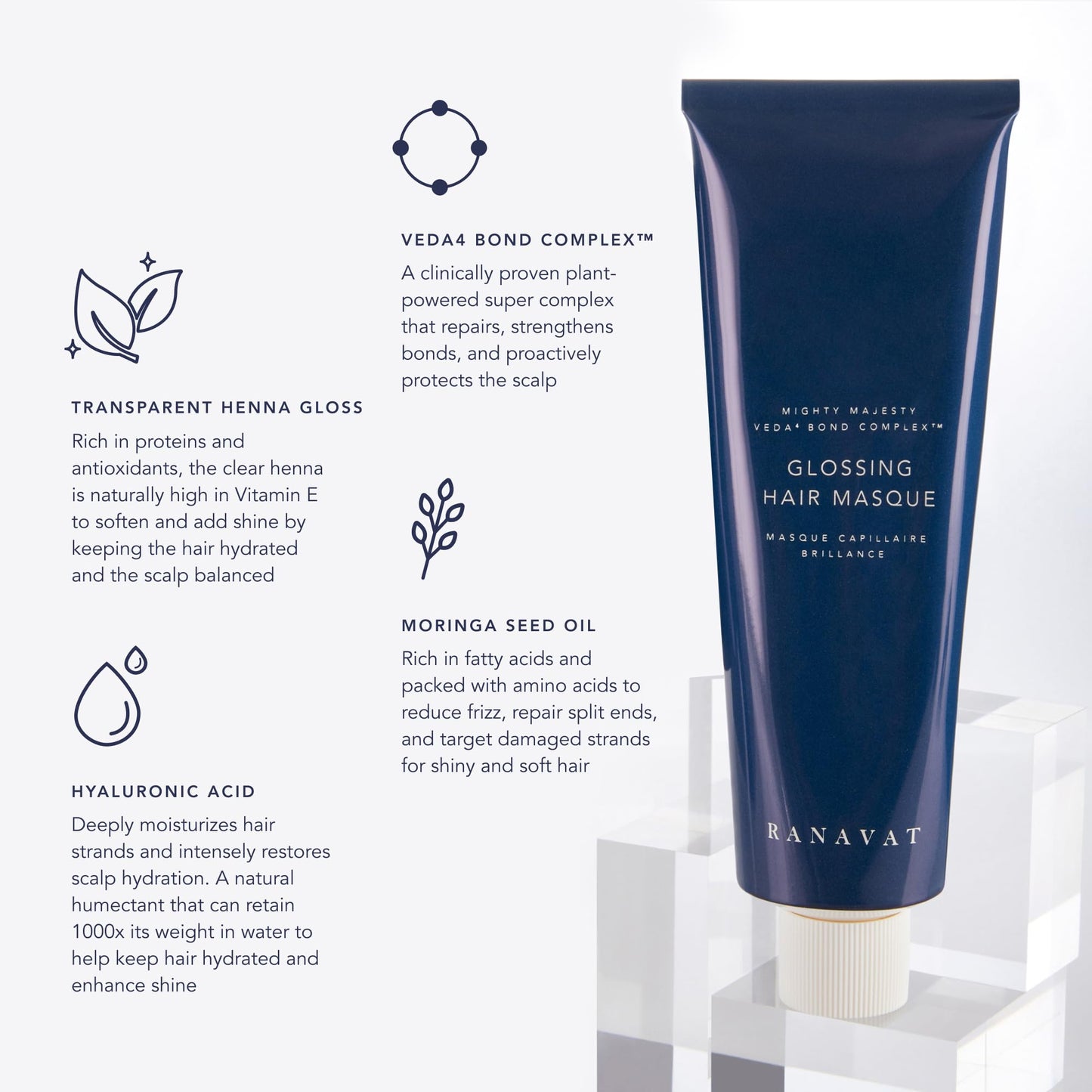 RANAVAT BOTANICS RANAVAT Glossing Hair Mask - Damaged Hair Repair & Conditioning Hair Mask with Hyaluronic Acid + Moringa Seed Oil to Mend Breakage & Split Ends (5 oz)