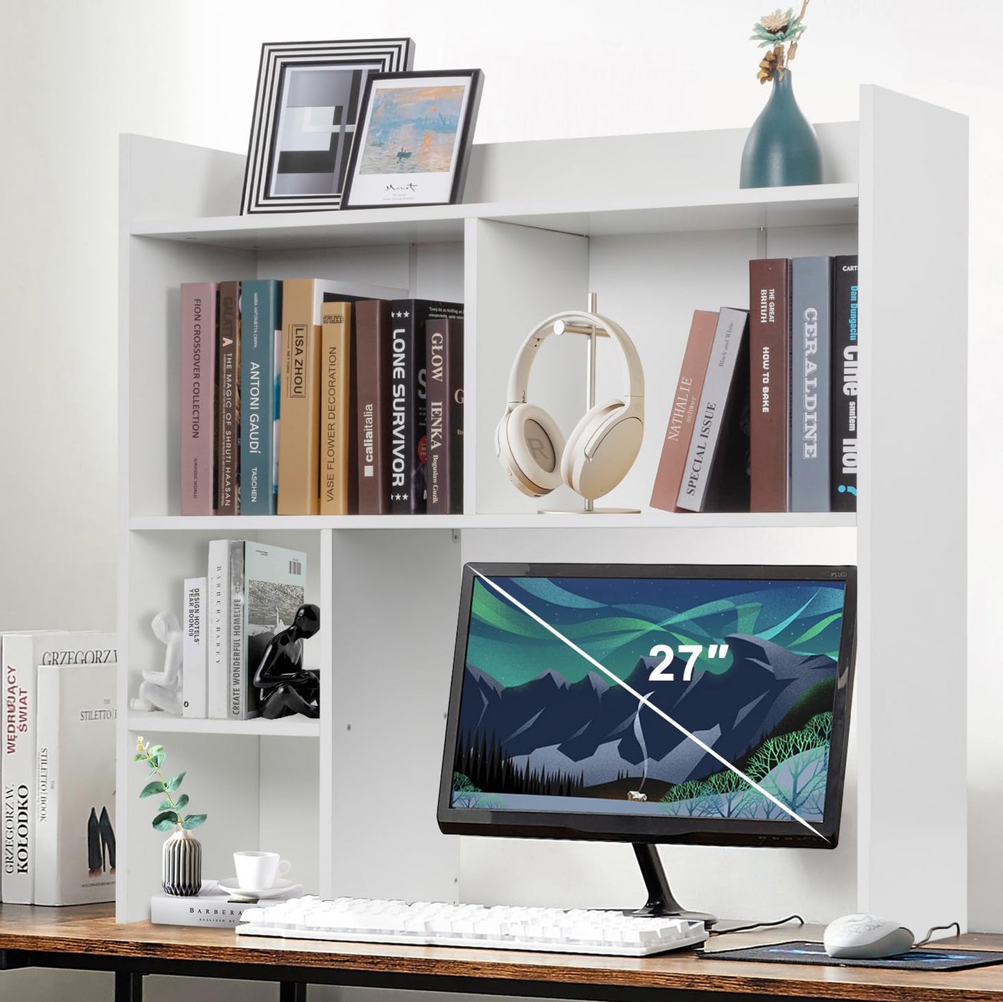 storenization Desktop Bookshelf 36" Tall, White Desk Hutch for Dorm Computer Desk, 4-Tire Wood Desk Shelf Storage Organizer for Office Home