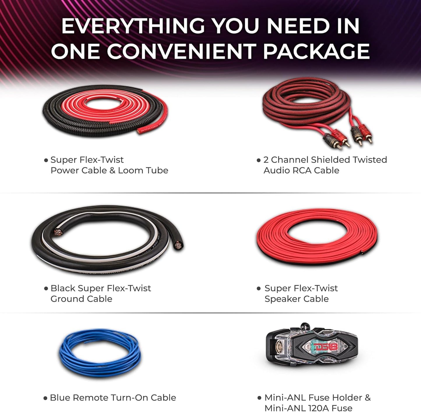 DS18 AKIT4.RD 4-GA Amplifier Installation Kit Up to 1680 Watts RMS, Mini-ANL Fuse Holder, Speaker & RCA Cables, CCA Amplifier Wiring Kit, Ultra Flex Wire, Amp Wire Kit, Amp Wiring Kit 4 Gauge - Red