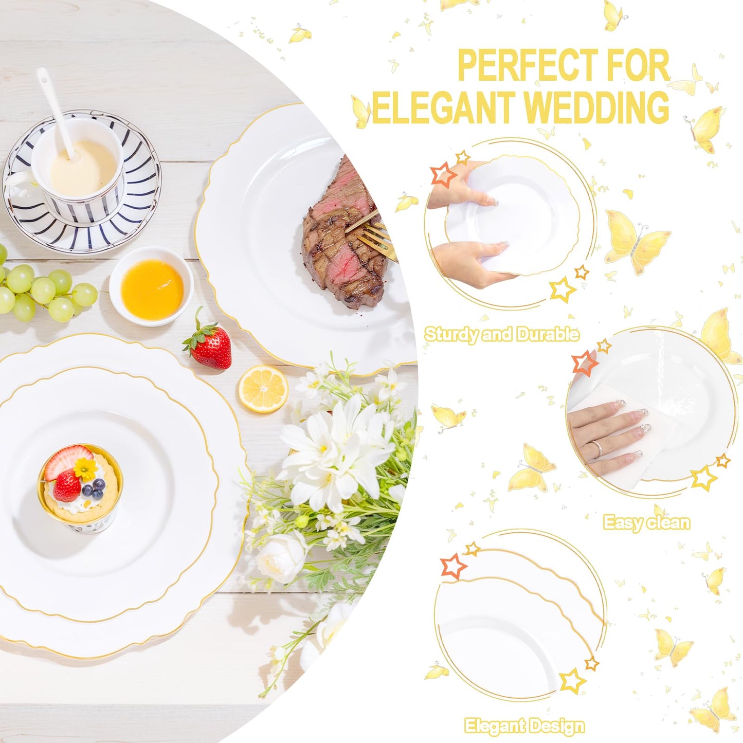 WDF 60pcs White and Gold Plastic Plates - Baroque White With Gold of 30 Heavy Duty Gold dinner plates 10.25inch, 30 Salad Plates 7.5inch
