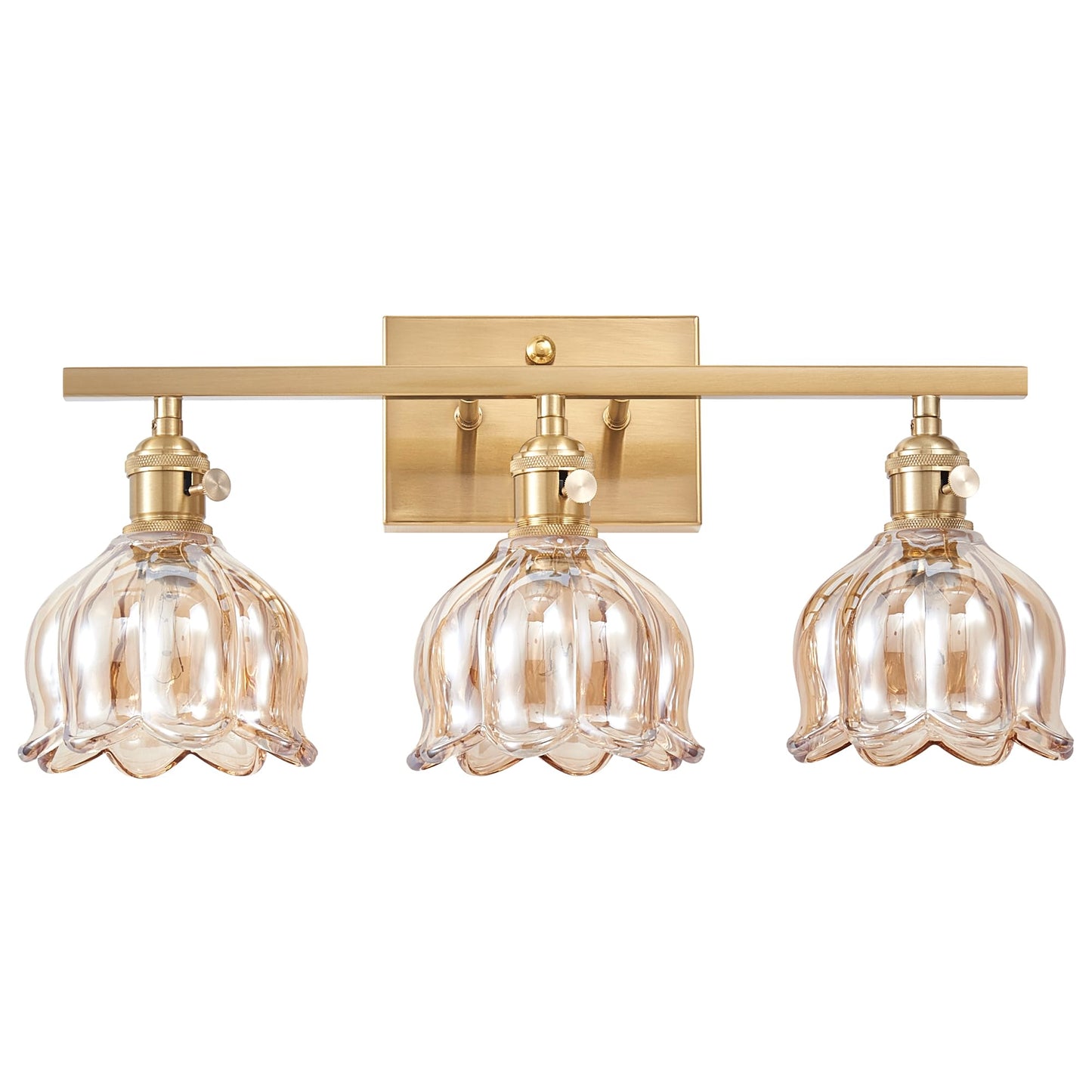 3-Light Amber Tulip Glass Vanity Light, Brushed Gold Vintage Bathroom Wall Sconce, 19.4" Antique Brass Hardwired Wall Lamp for Mirror, Powder Room, Bedroom (Individual Switches, Bulbs Not Included)