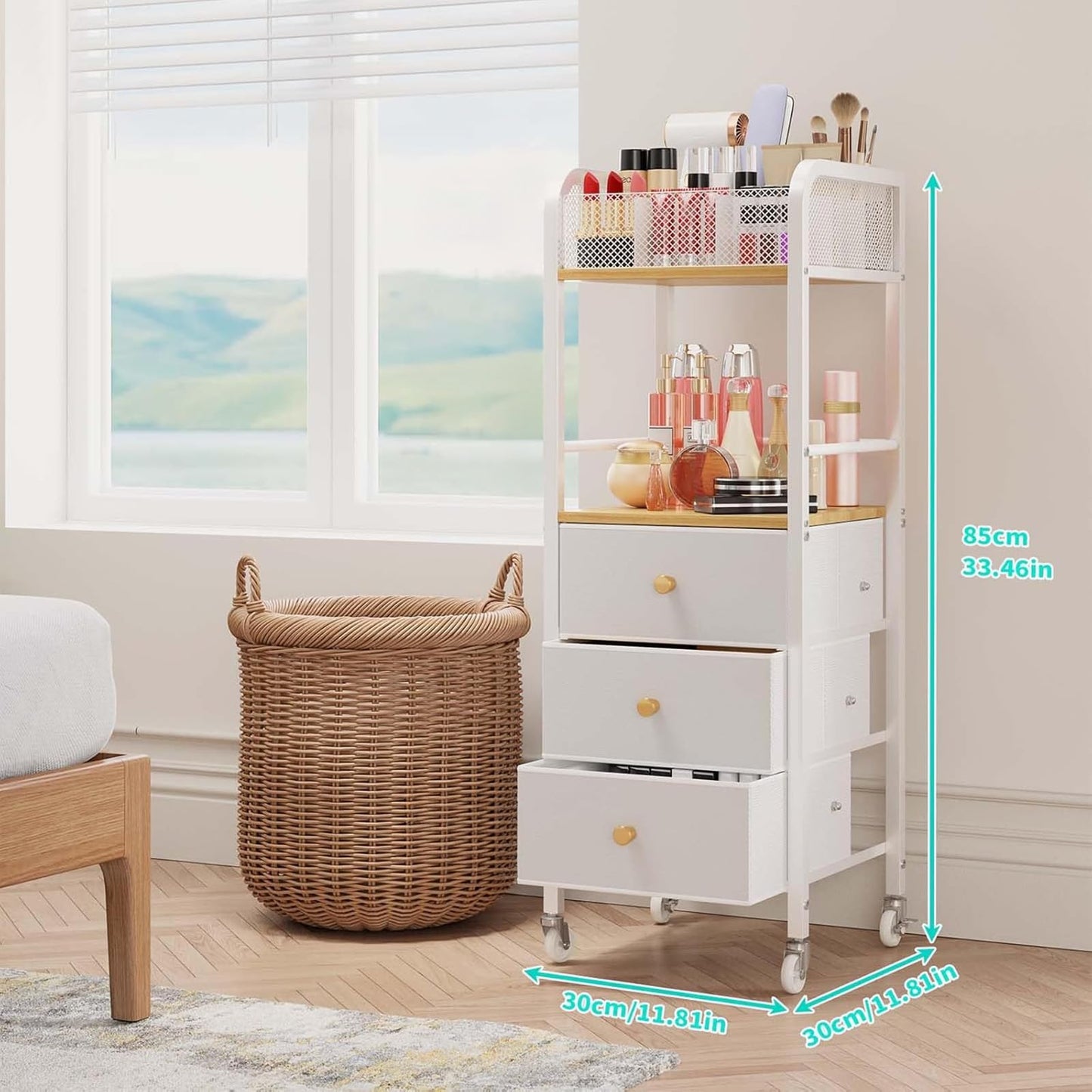 HapiRm Rolling Makeup Cart Organizer - Floor Skincare Make Up Storage with 3 Non-woven Fabric Drawers, Vanity Organizer Cosmetic Display Cases Holder for Skin Care Perfume Nail Polish Brush Hair Tool
