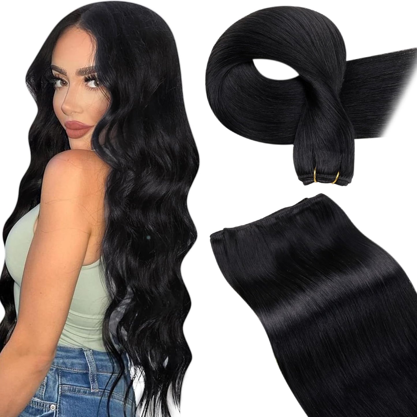 LaaVoo Sew in Hair Extensions Real Human Hair Double Weft Hair Extensions Sew in Black Women Human Hair Weft Extensions Jet Black 18 Inch 100g