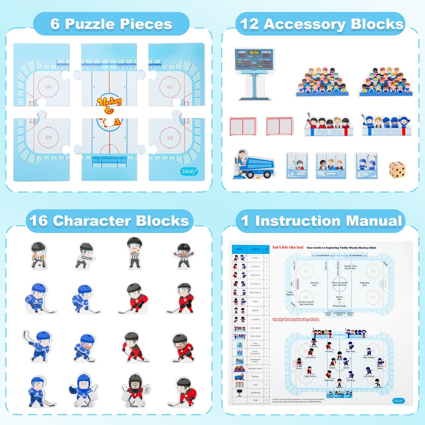 2-in-1 Hockey Board Game & Blocks Playset, Wooden Hockey Figurines with Assembly Rink or Roll and Move Game, Mini Hockey Figures, Winter Sports Toy for Kids, Toddlers & Families