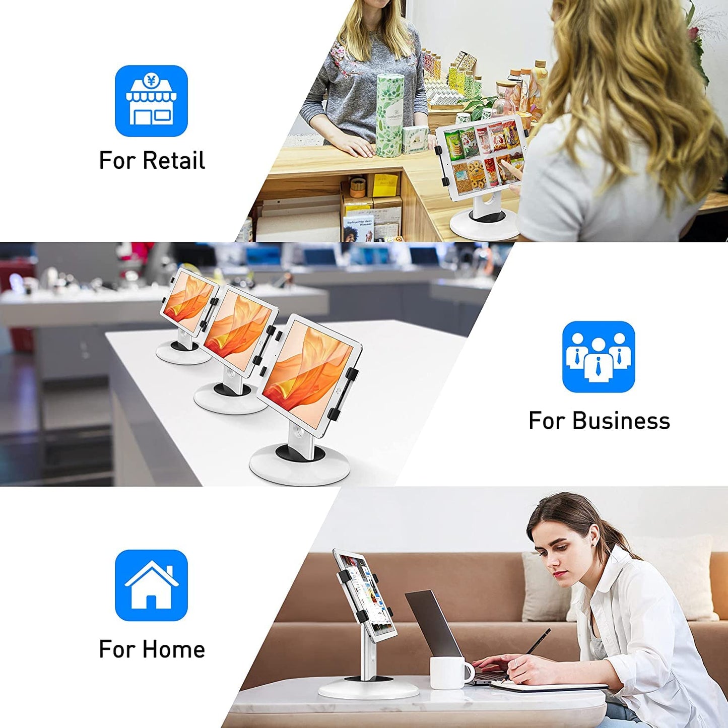 AboveTEK Retail Kiosk iPad Stand, 360° Rotating Commercial POS Tablet Stand, Fits 6"-13" (Screens) iPad Mini Pro-Business Swivel Tablet Holder, for Store Office Reception Kitchen Desktop (White)