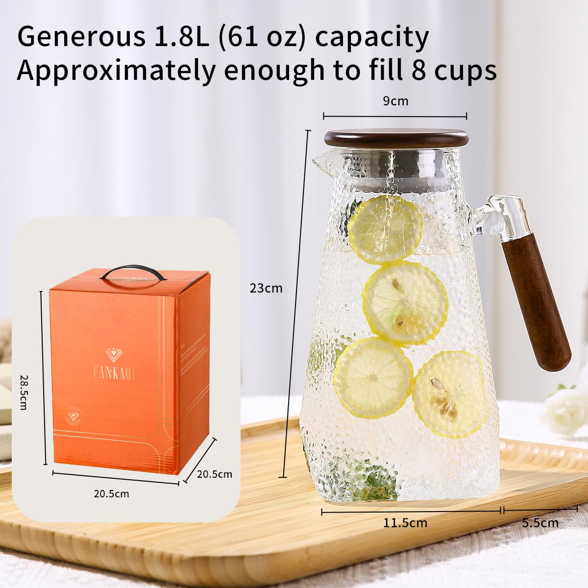 Borosilicate Glass Pitcher With Lid,1.8 Liter All-Purpose Heat-Resistant Carafe with Handle, Jug，for Iced Tea, Coffee, Juice, Milk, Fruit Infusions (Hot & Cold) (hammered texture, 60 oz)