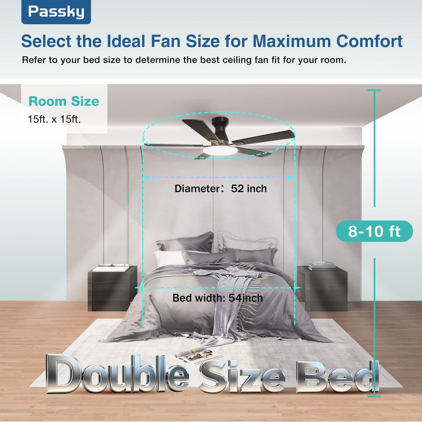 Passky Ceiling Fans with Lights, 52 inch Flush Mount Ceiling fan with Remote Control, Low Profile Ceiling Fan for Bedroom, Farmhouse, Reversible, 3CCT, Dimmable, Noiseless DC Motor, Black