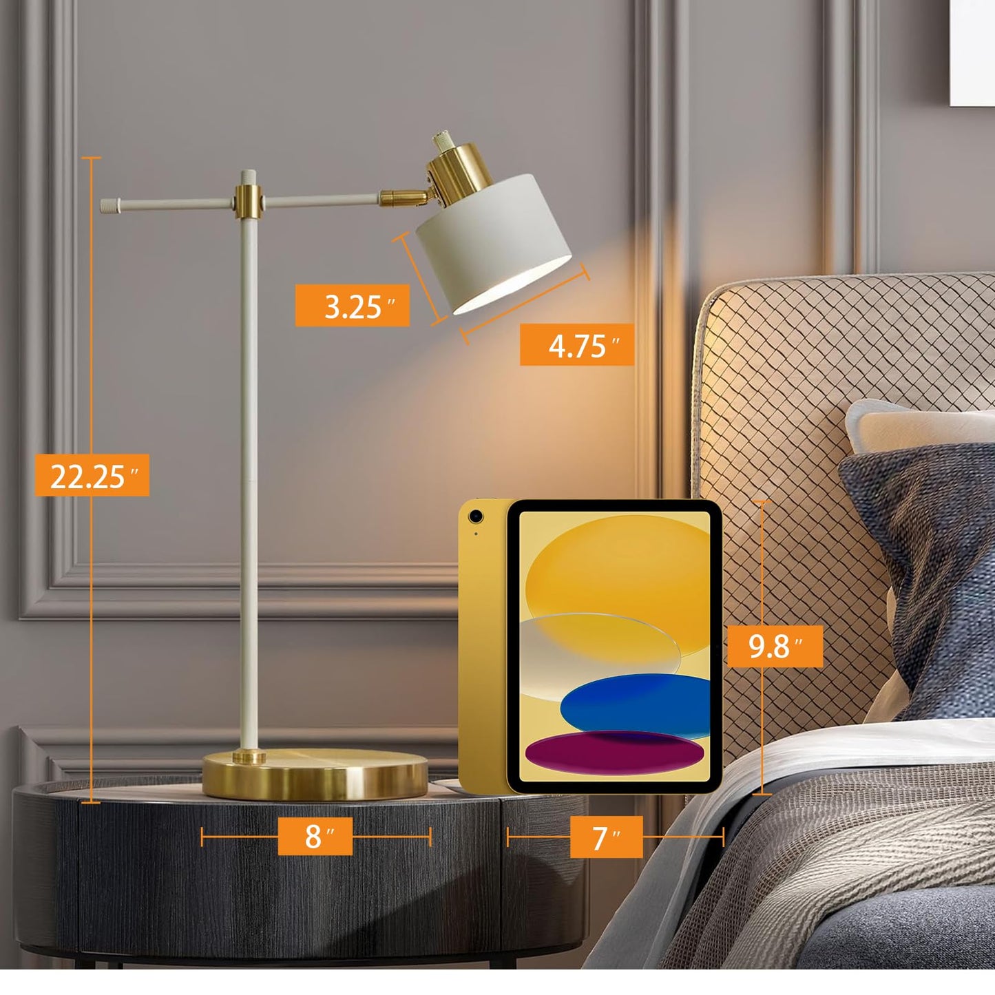OYEARS 22.2" Modern Desk Lamp, Metal Table Lamp with LED Bulb, Adjustable Reading Lamps for Living Room, Mid Century Task Lamp for Home Office, Industrial Bedside Lamps, Cream and Gold