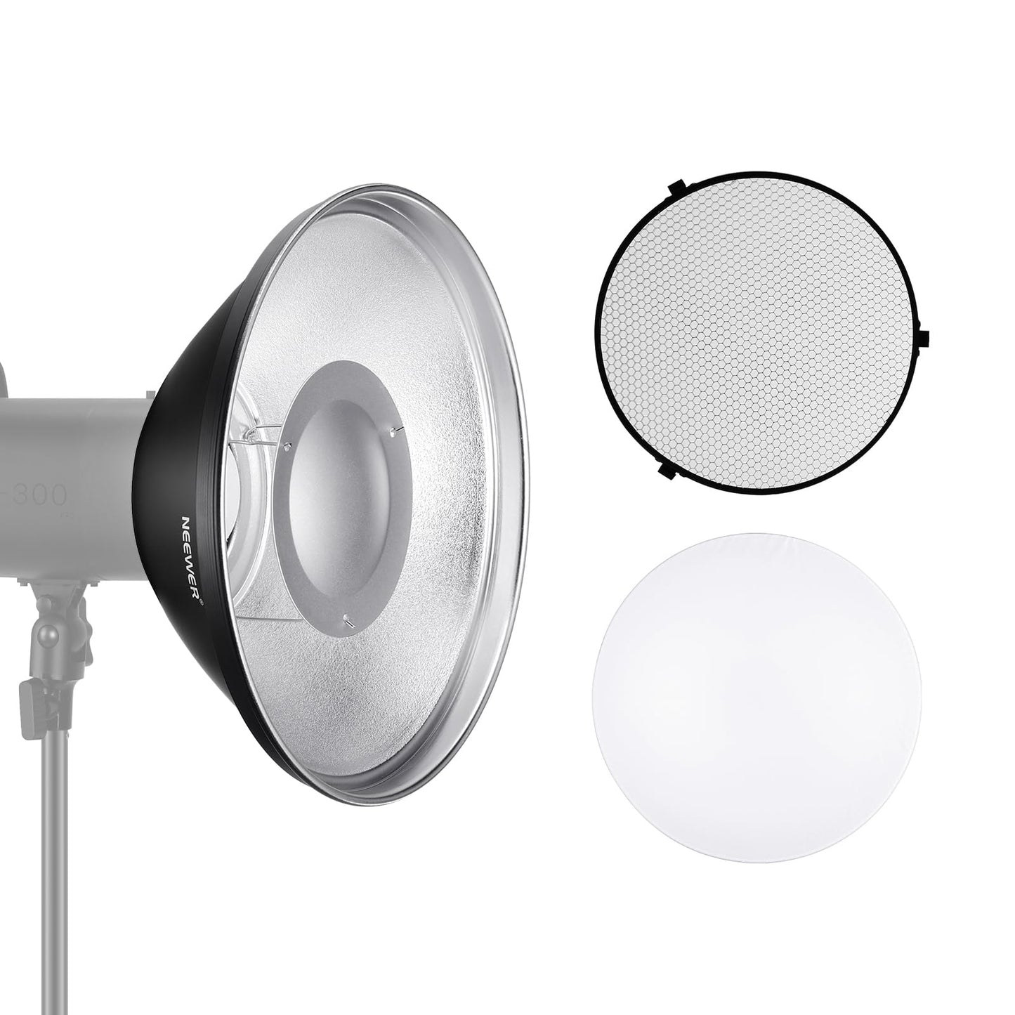 NEEWER 12"/30cm Metal Beauty Dish Bowens Mount Reflector Kit with White Diffuser Sock, Honeycomb Grid for Strobe Flash Video Light Compatible with Godox AD600 NEEWER CB60 Q4 Vision 4 S101 Series, LD30