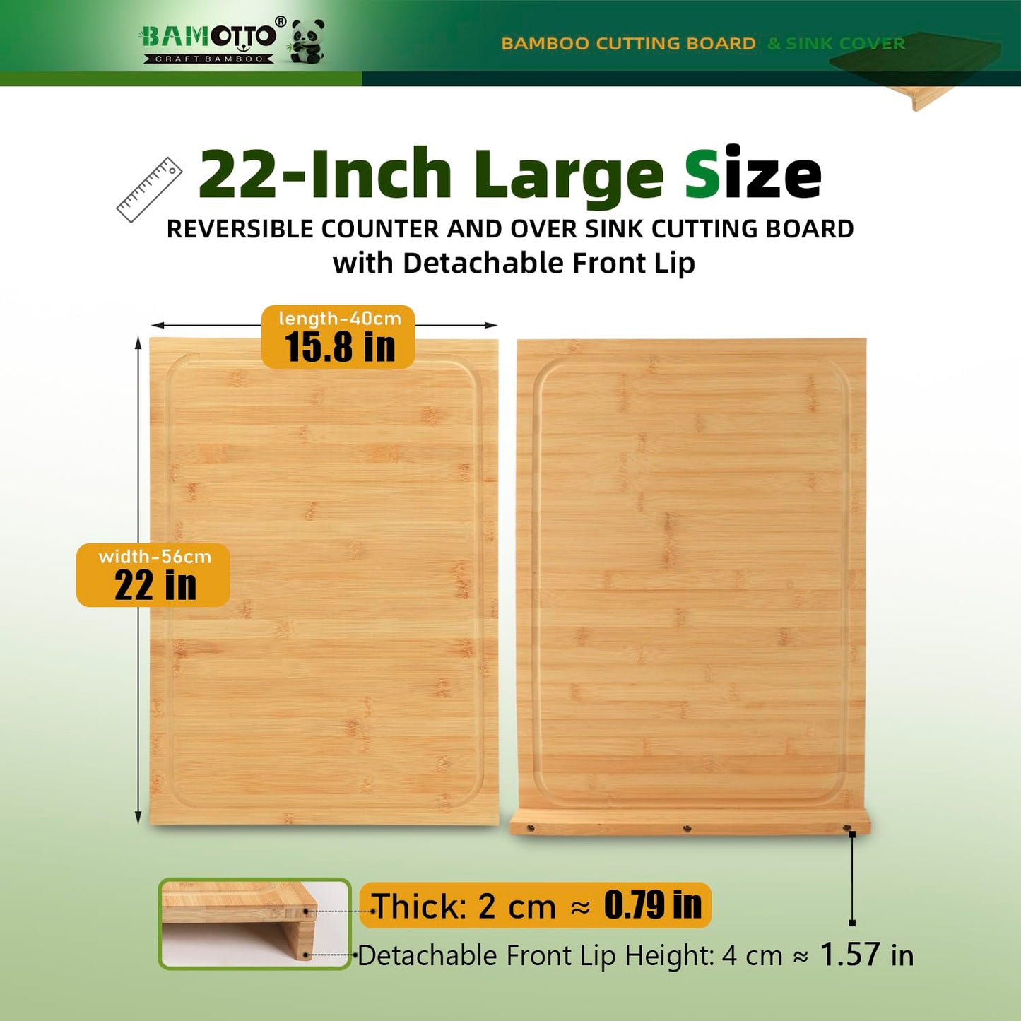 BAMOTTO CRAFTBAMBOO 15.8x22 Inch Large Bamboo Cutting Board, Reversible with Juice Grooves & Detachable Lip, Stovetop Cover and Sink Cover Board for Kitchen Counter