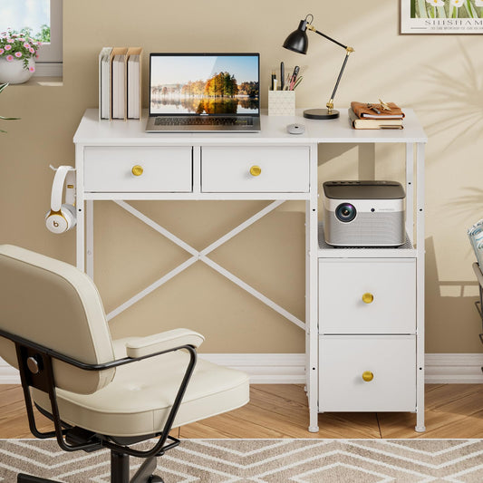 3IngSeagulls Small Computer Desk with 4 Fabric Drawers, Simple Writing Desk for Home Office, Compact Study Desks for Small Spaces, Kids Desk Study for Bedroom, White