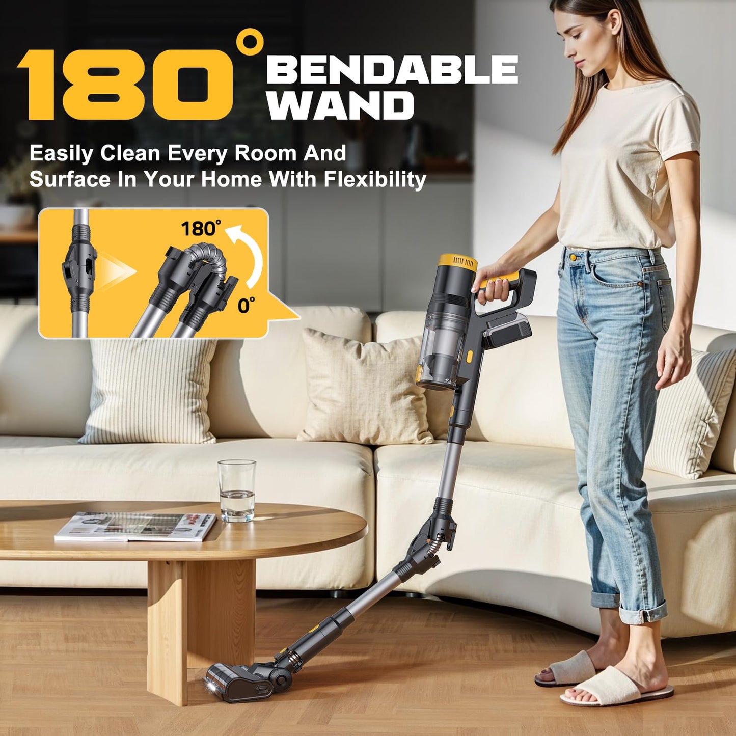 350W Cordless Vacuum Cleaner for DeWALT 20V Battery(No Battery), 40KPA Self-Standing Stick Vacuum with Touch Screen, Double Dust Cup, 180° Bendable Wand Vacuum Cleaner for Home Hard Floor Pet Carpet