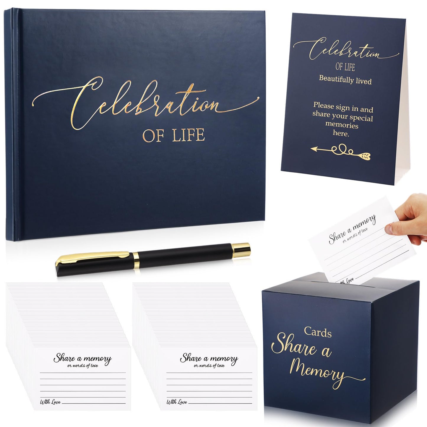 Engrowtic 64 Pcs Guest Book Set Funeral Guest Book Celebration of Life for Memorial Service with 60 Pcs Share a Memory Cards Box Table Pen Guestbook Sign in Loving Memory for Registry(Blue)