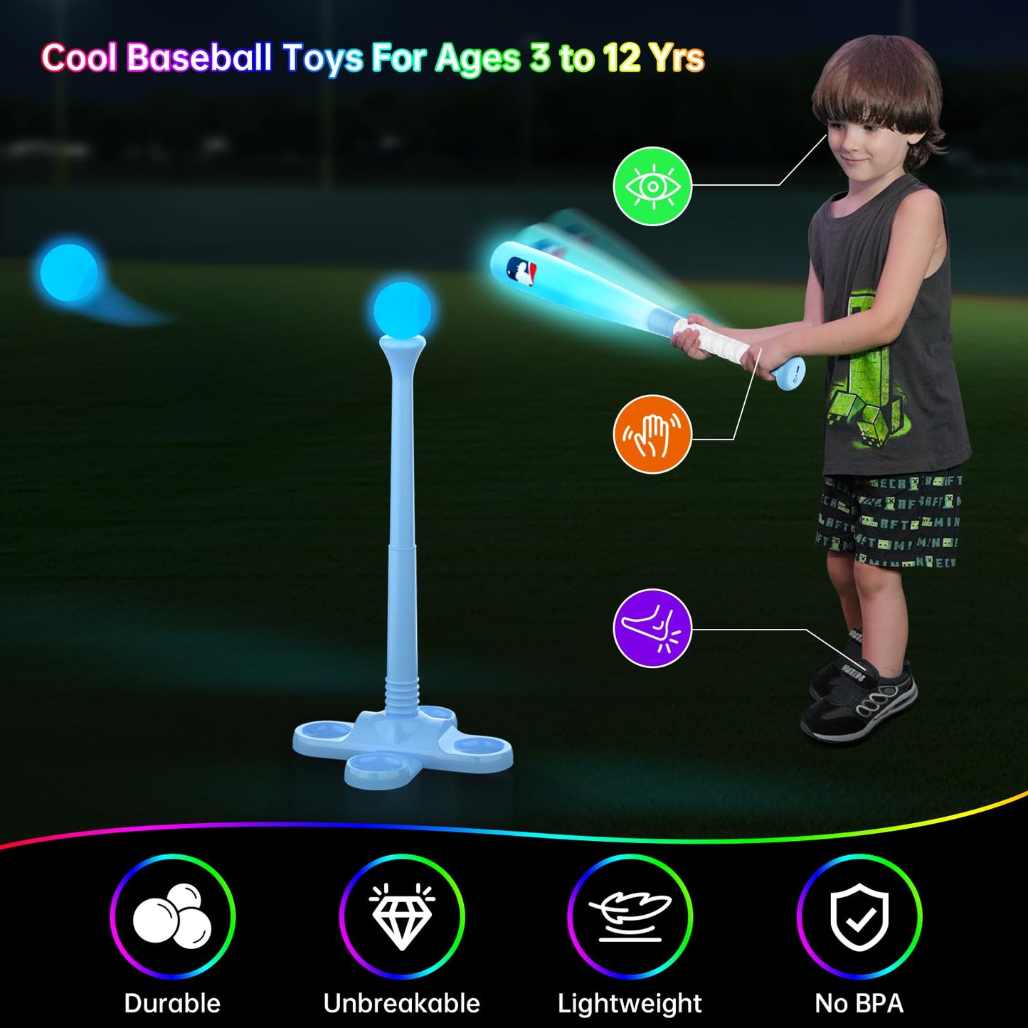 Leshein - LED ball set for kids ages 3-5, 5-8, light up tee ball set for kids ages 3-5, outdoor toys, baseball toys, gifts for