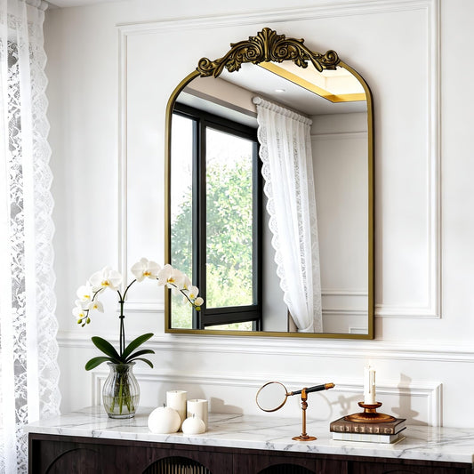 Dewfig Antique Arched Wall Mirror, 22"x30" Vintage Bronze Bathroom Mirror - Baroque Metal Frame Brass Mirror for Living Room, Bathroom, Fireplace, Entryway, Bronze