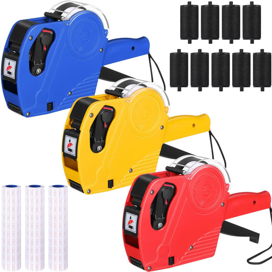 Dunzoom 3 Pack 8 Digits Price Tag Gun Label Pricing Gun Kit with 12000 Labels & 9 Ink Rollers for Retailer Supermarket Grocery Store Food (Red,Blue,Yellow)