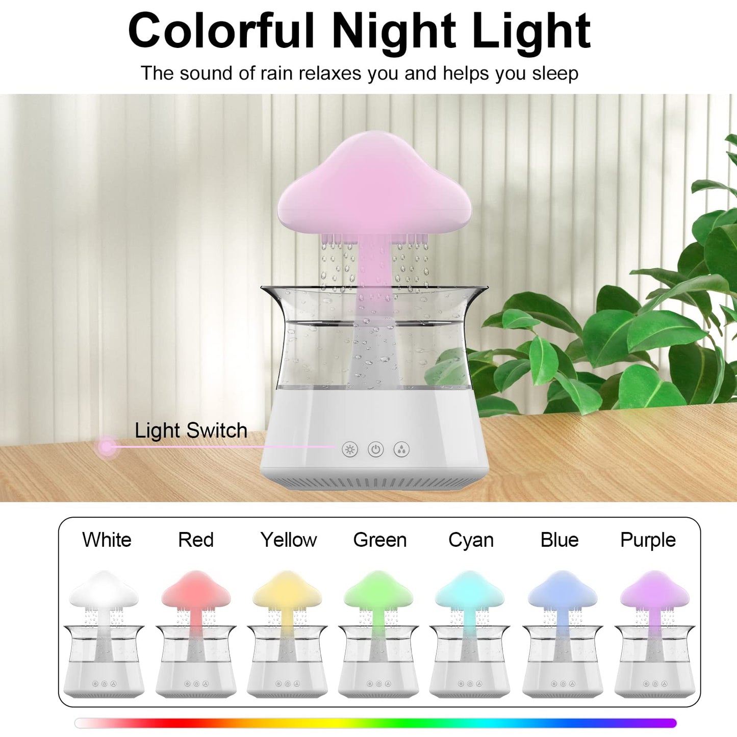 Cloud Rain Humidifier for bedroom with Soothing Rain Sounds - Bedroom Sleep Aid, Waterfall Night Light, Mushroom Design Air Moisturizer for bedroom and living room (White)