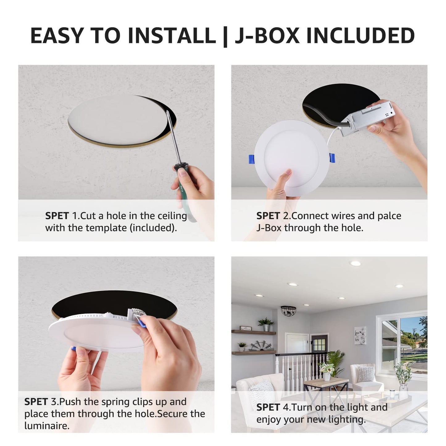 Lepro 6 Pack 6 Inch LED Recessed Ceiling Light with Junction Box, 5000 Kelvin Daylight Wafer Ultra-Thin, 1050 Lumen Dimmable Retrofit Downlight, 12 watt Eqv. 100 watt, ETL, Energy Star & FCC Certified