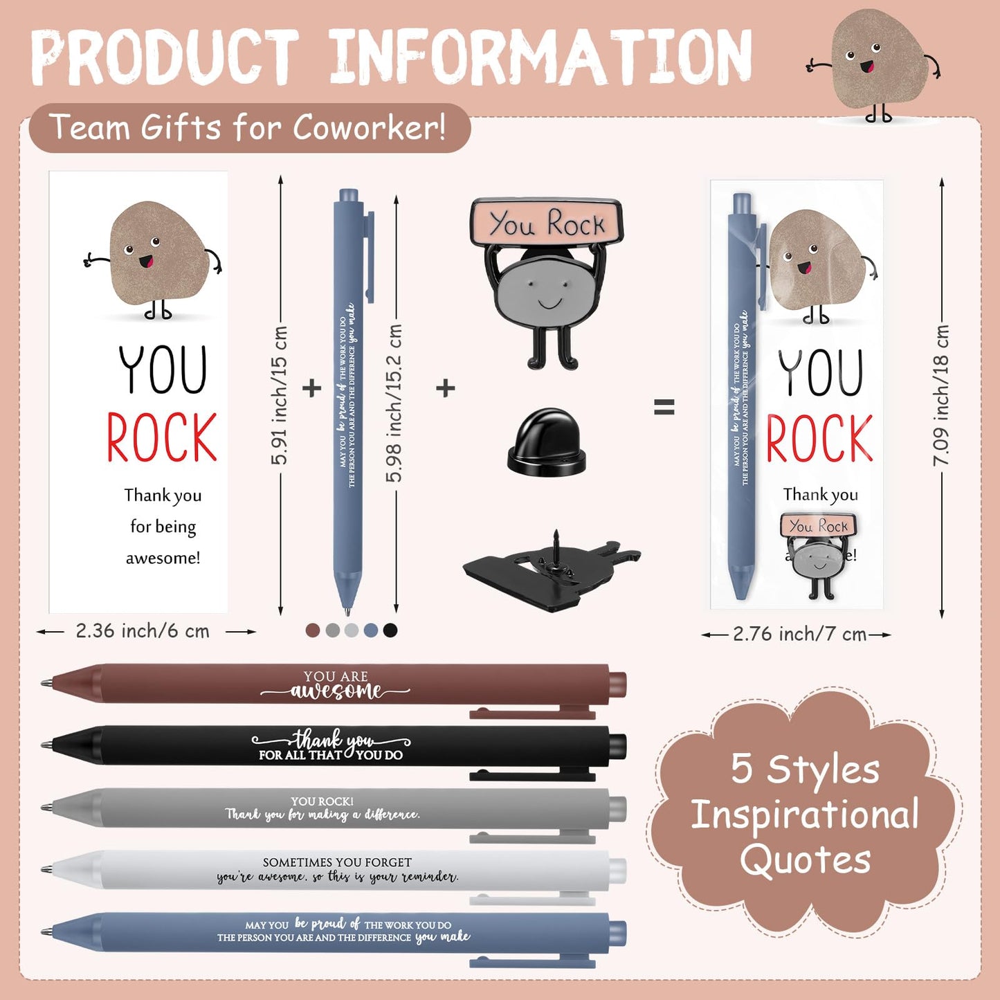 Sayglossy 36 Sets You Rock Office Funny Gift Motivational Employee Appreciation Gifts Bulk Ballpoint Pens Inspirational Cards Brooch Pin Organza Bags Inspirational Gift for Coworker Staff Volunteer