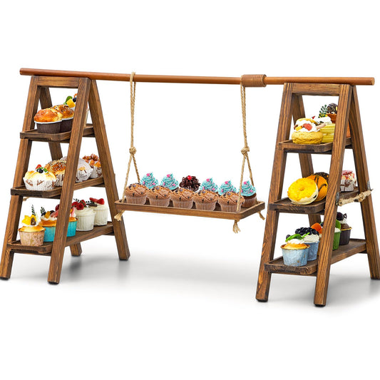 Beeveer Wooden Double 3 Tier Serving Tray Ladder Stand with Serving Platter Tray Party Food Display Set for Cake Snack Fruit Chips Bread Centerpieces(20 x 30 Inches,Dark Walnut)