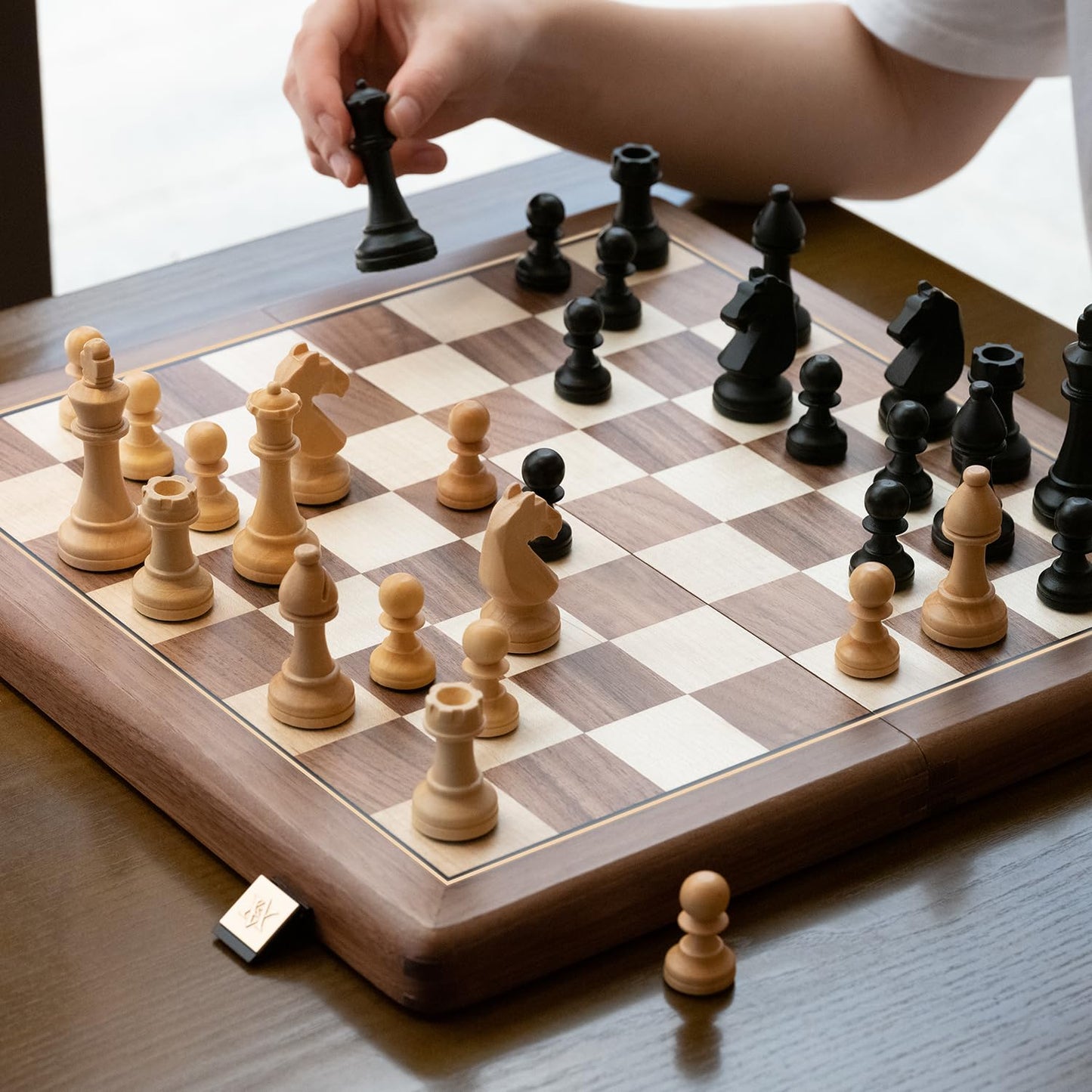 A&A Premium Natural Walnut Folding Chess Board Game Set, 15" Wooden Chess Board & 3" King Height Staunton Chess Pieces with 2 Extra Queens, Portable Travel Chess Set with Storage Bag for Adults & Kids