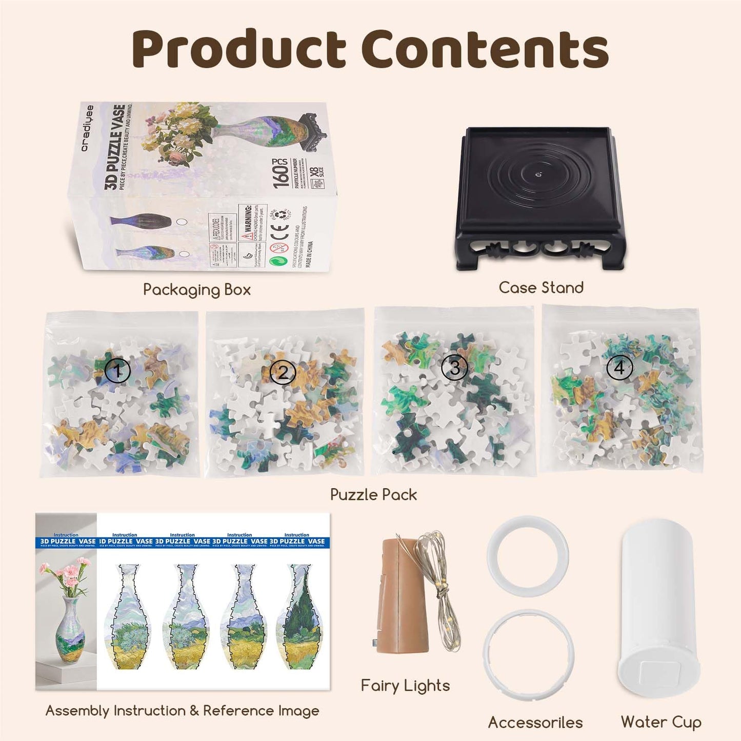 3D Puzzles Vase for Adults,Birthday Gifts for Women,160 PCS DIY Unique Flower Vase Puzzle with LED Light,House Warming Gift Flower Arrangements and Home Decoration (Wheat Field)
