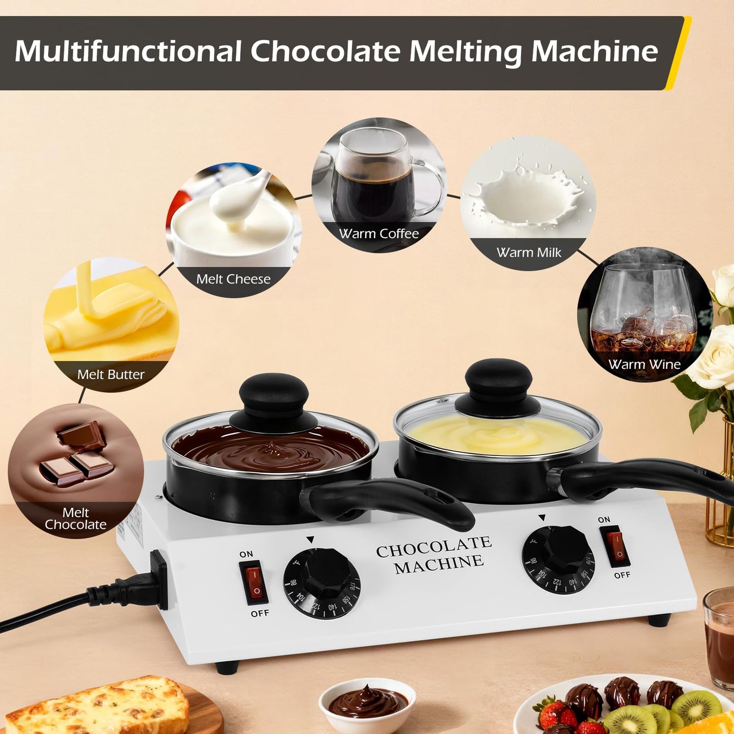Dyna-Living Chocolate Melting Pot Dual Chocolate Tempering Machine for Melting Chocolate, 80W Chocolate Melting Machine Electric Chocolate Melter Pot for Home, Chocolate Fondue Pot for Chocolate Melt