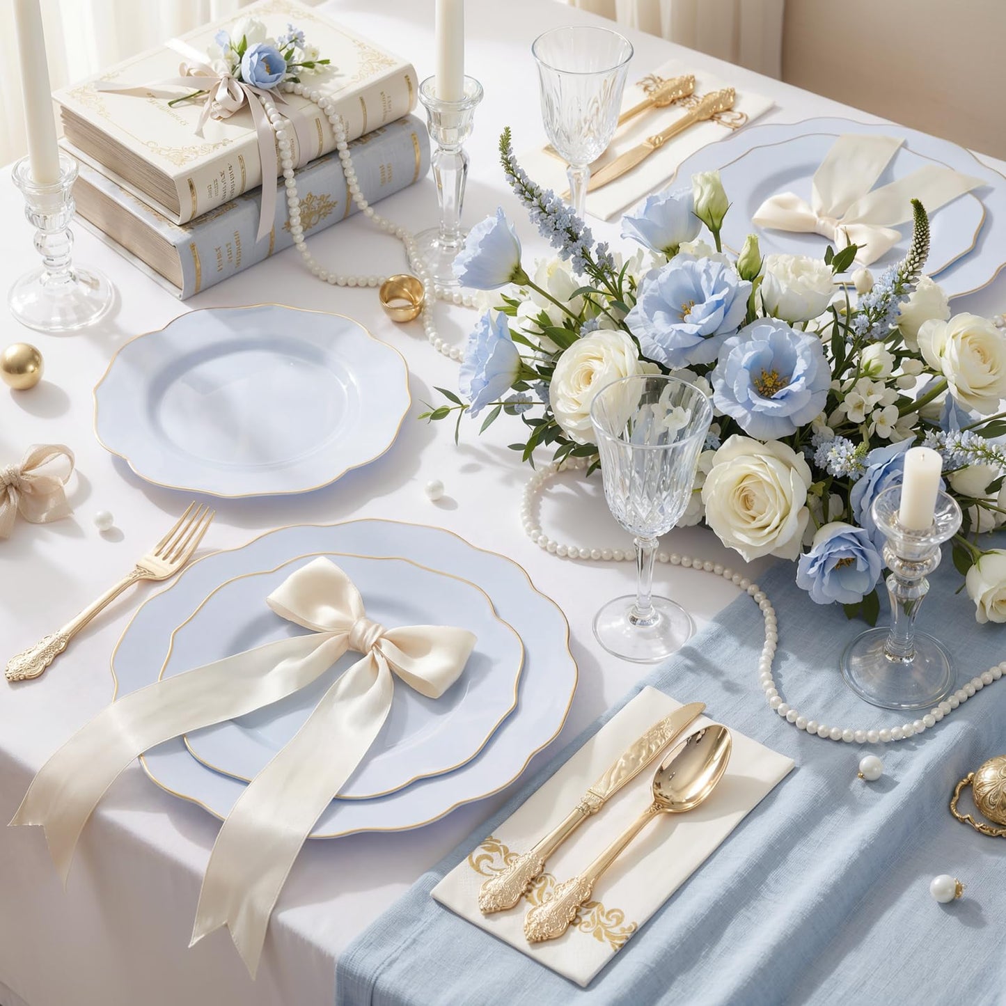 NOCCUR 175PCS Blue Plastic Plates with Gold Disposable Silverware - Include 50 Light Blue and Gold Plastic Plates,25 Knives,25 Forks,25 Spoons,25 Cups and 25 Napkins - Baby Shower/Party/Spring/Wedding