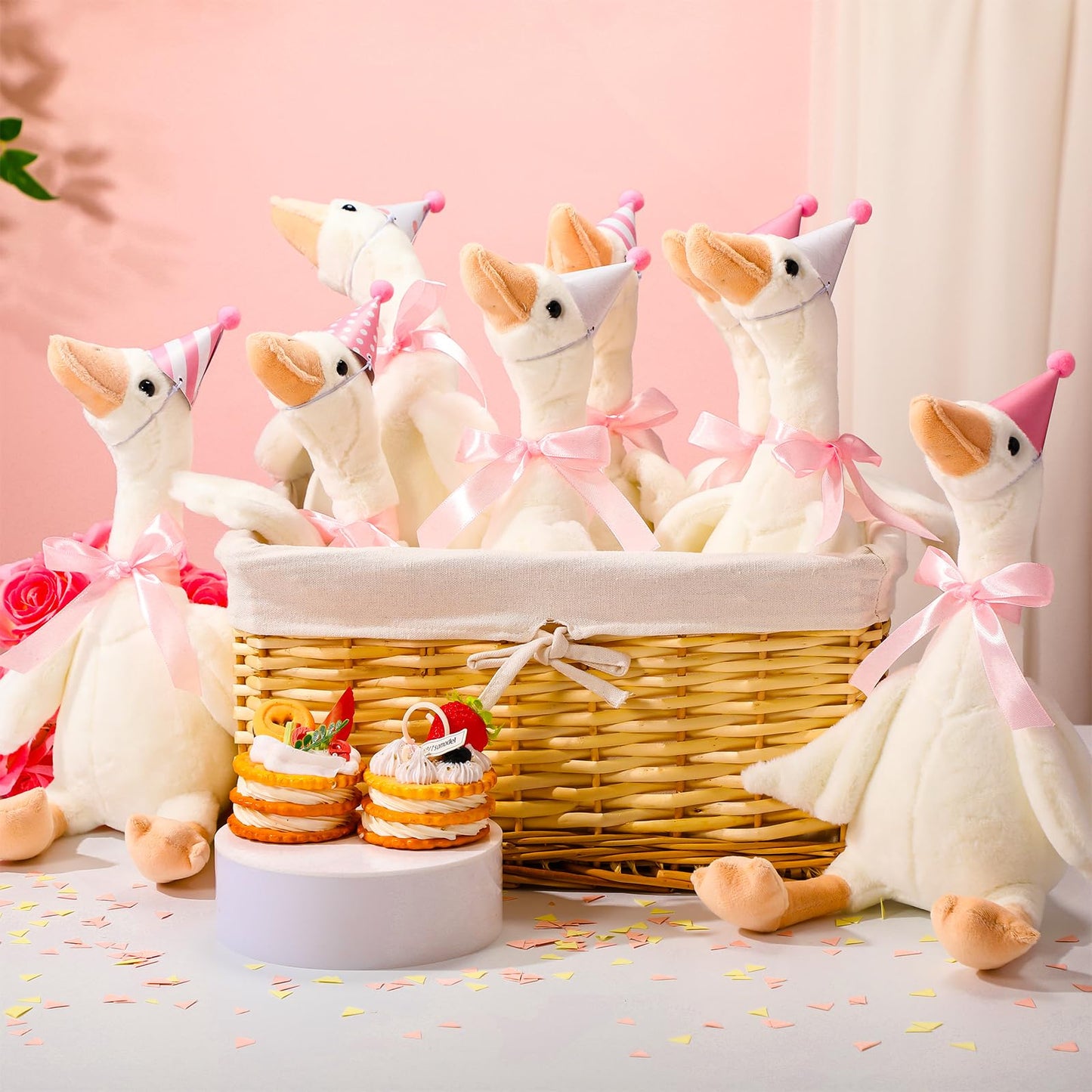 Halloscume One Silly Goose Party Favors Stuffed Animal Plush Toy and Mini Birthday Party Hats with Ribbon Bow(Pink,10 Set)