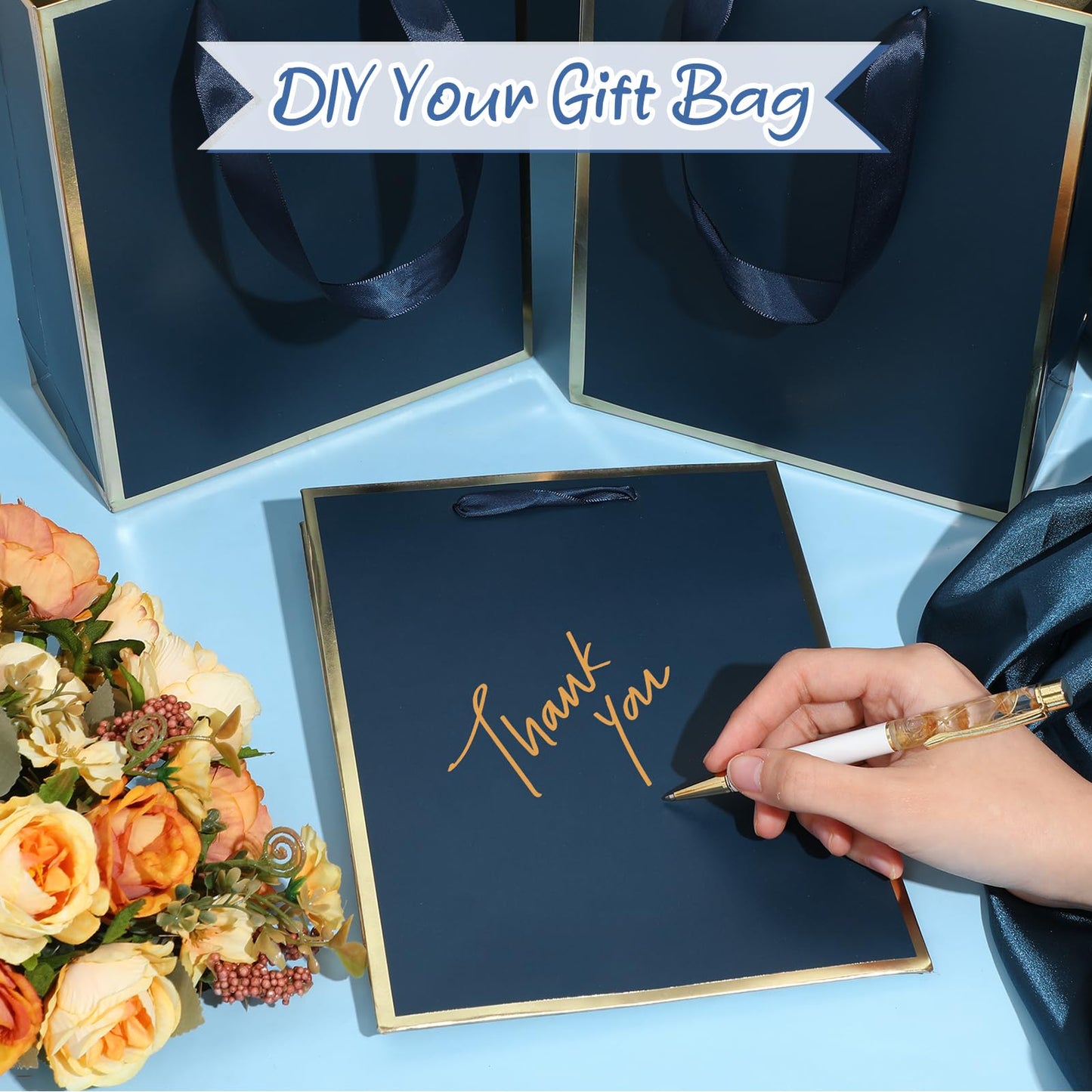 Yeaqee 50 Pack Metallic Gift Bags with Handle and Tissue Paper for Wedding Bridesmaid Groomsmen Baby Shower Holiday Thank You 5 Senses Gift Bag for Her Him Birthday 9 x 7 x 3. 15''(Navy Blue and Gold)