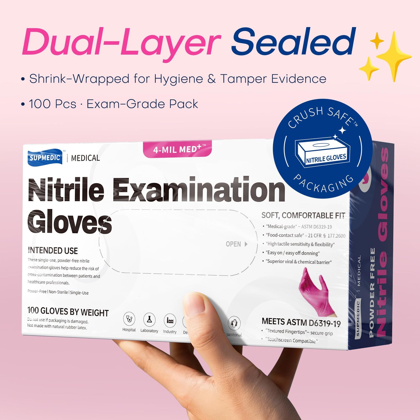 Supmedic Nitrile Exam Gloves, 4 Mil 1000 Ct, Powder-Free Latex-Free Cooking Food-Safe Disposable Medical Gloves, Rose Orchid (Medium)