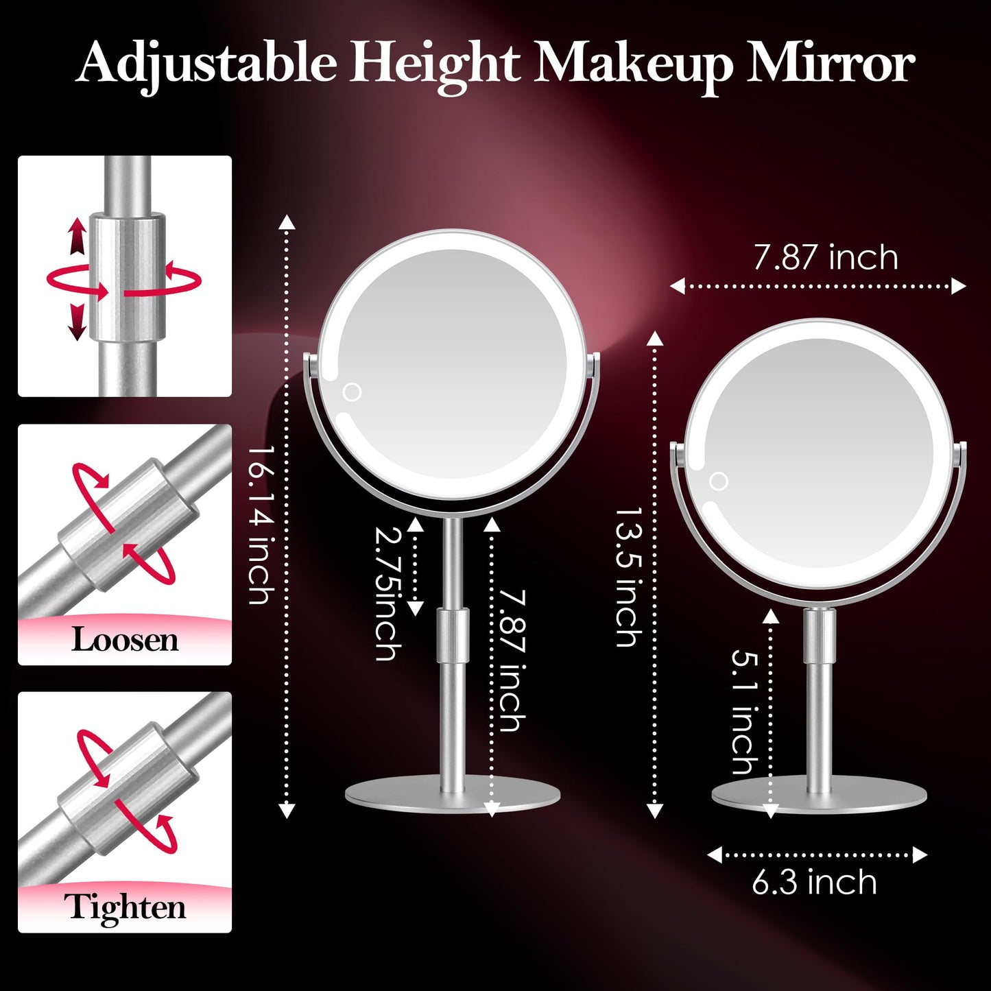 PEDOMIROR Magnifying Mirror with Light, Lighted Make Up Mirror 20x, Rechargeable 2000mAh Led Makeup Mirror, Height & Brightness Adjustable Desk Makeup Mirror, 360°Rotation & Touch Screen (Silvery)