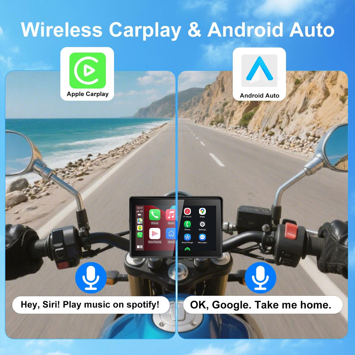 YCV 5" Wireless CarPlay for Motorcycle Touchscreen with Android Auto, HD Waterproof Screen Portable GPS Navigastion System, Support Bluetooth Call, Music Play, Siri, Google Assistant, Vioce Control