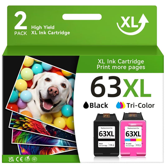 63XL Printer Ink for HP 63XL Ink Cartridges Combo Pack Black and Color Replacement for HP Ink 63 Fit for Officejet 3830 4650 5255 5258 Envy 4520 3634 Deskjet 1112 2132 3630 Printer (2 Pack)