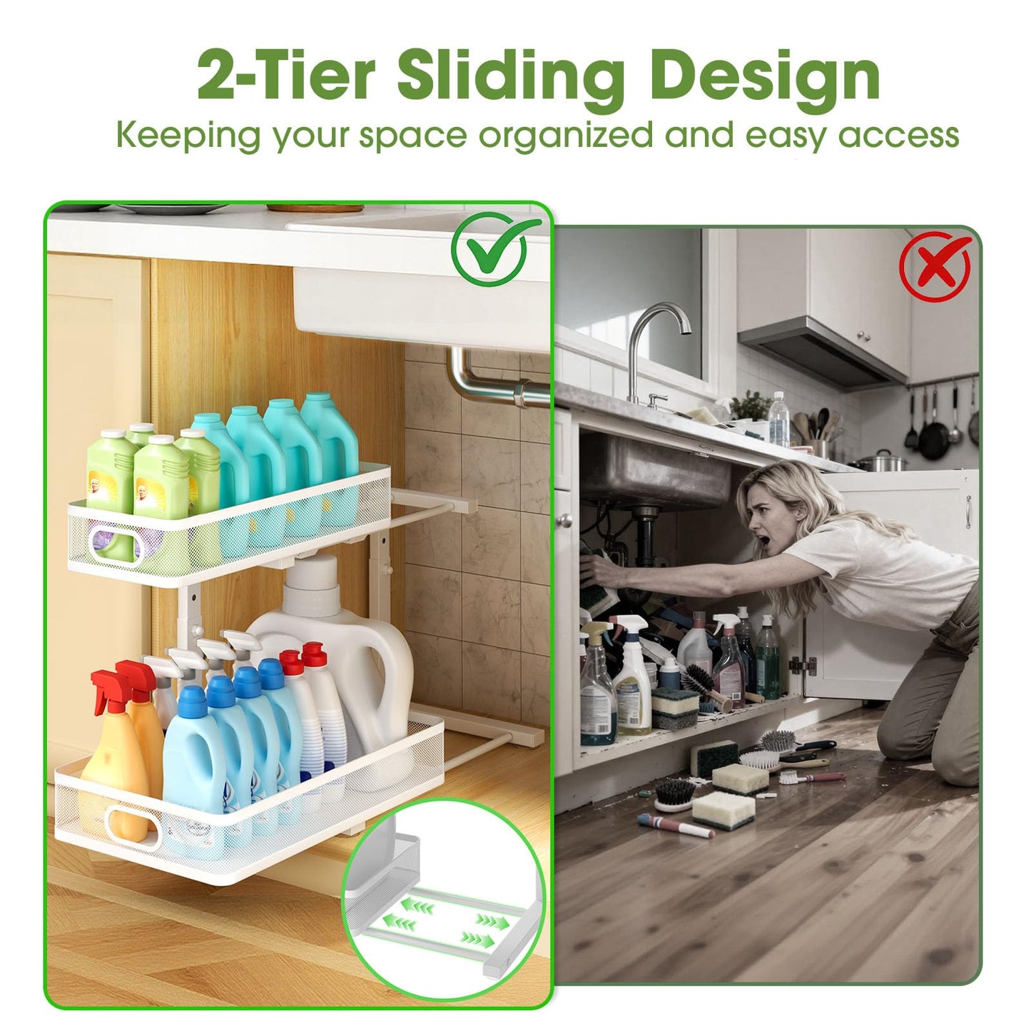 Under Sink Organizer 2-Pack, Metal 2-Tier Pull-Out Cabinet Shelf with Slide-Out Mesh Drawers, Height Adjustable, Space-Saving Under Sink Storage Racks for Kitchen, Bathroom, Laundry Room, White