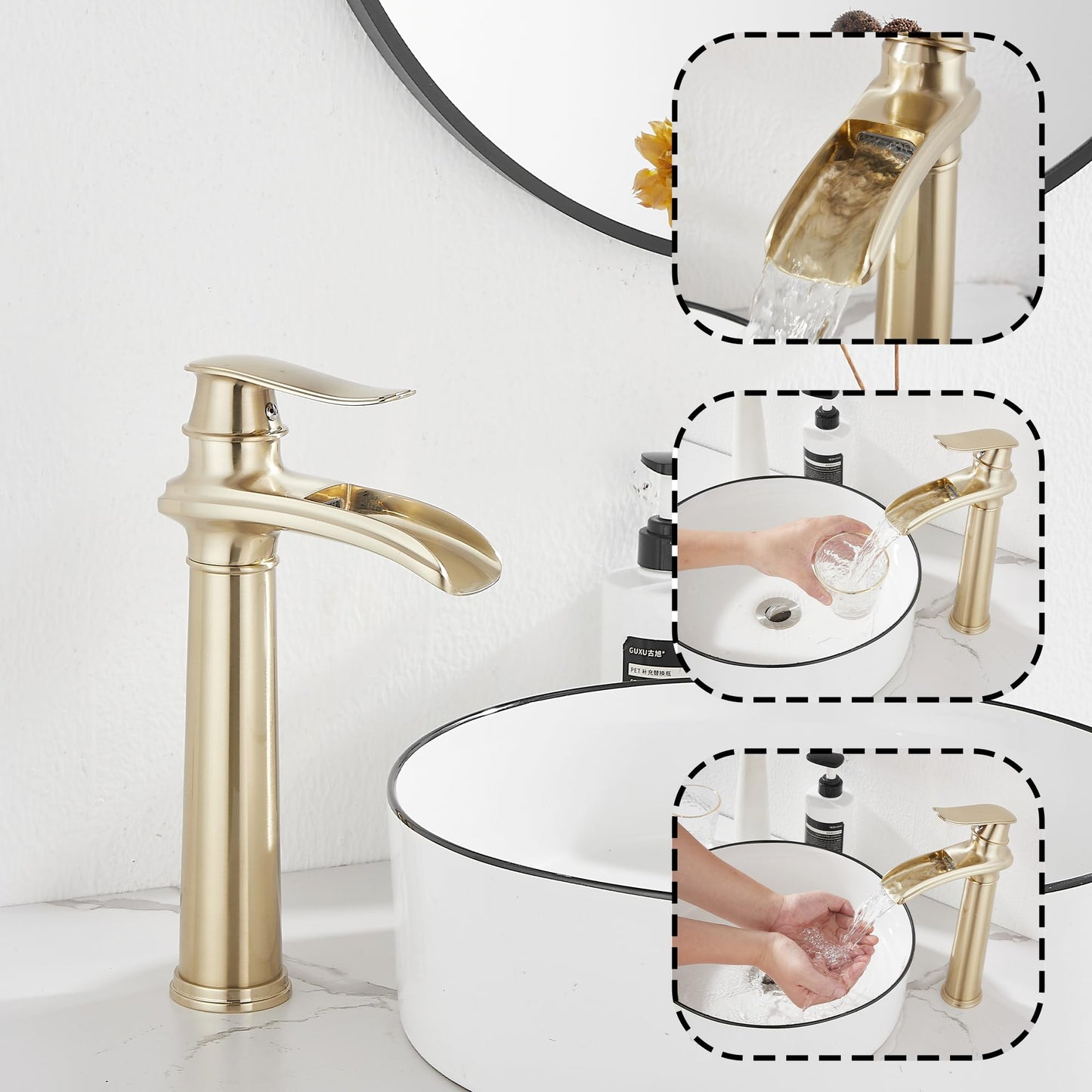 Brushed Gold Bathroom Faucet GGStudy Single Handle 1 Hole Farmhouse Waterfall Bathroom Vessel Sink Faucet Matching with Pop Up Drain