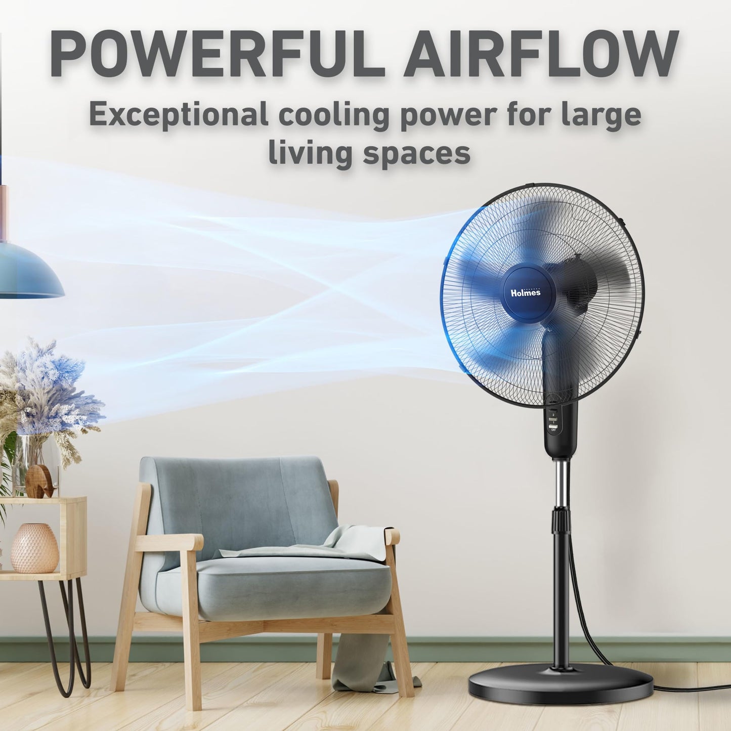 Holmes 18 Inch Oscillating Stand Fan 3 Speed Powerful Airflow Adjustable Height 30 Degree Tilt Wide Angle Cooling Quiet Operation for Bedroom Living Room Home Office Gym Black