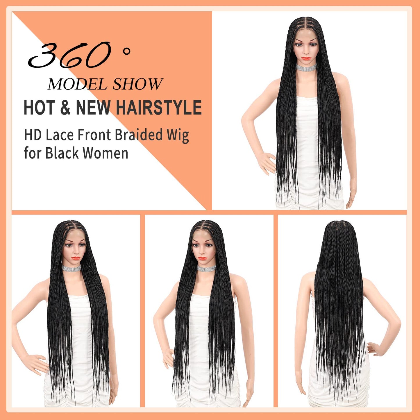 Brinbea 36'' 13X8" HD Lace Front Knotless Braided Wigs for Women Box Braid Wig with Baby Hair Braided Lace Front Wigs Human Hair Blended Braid Wig Natural Long Black
