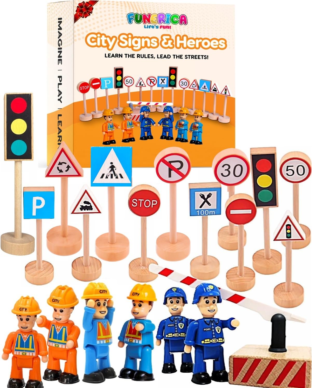 20-Piece Set Wooden Road Signs for Kids – Traffic Signs with Action Figures for Kids - Traffic Lights, Street Signs, Stop Sign, Toy People, Construction Workers, Community Helpers & Police Figures