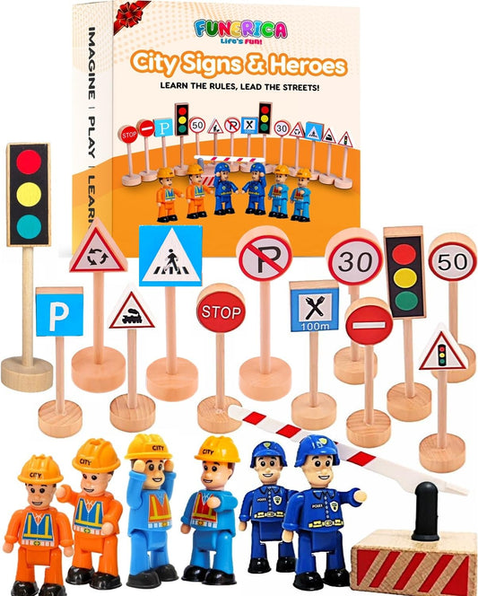 20-Piece Set Wooden Road Signs for Kids – Traffic Signs with Action Figures for Kids - Traffic Lights, Street Signs, Stop Sign, Toy People, Construction Workers, Community Helpers & Police Figures