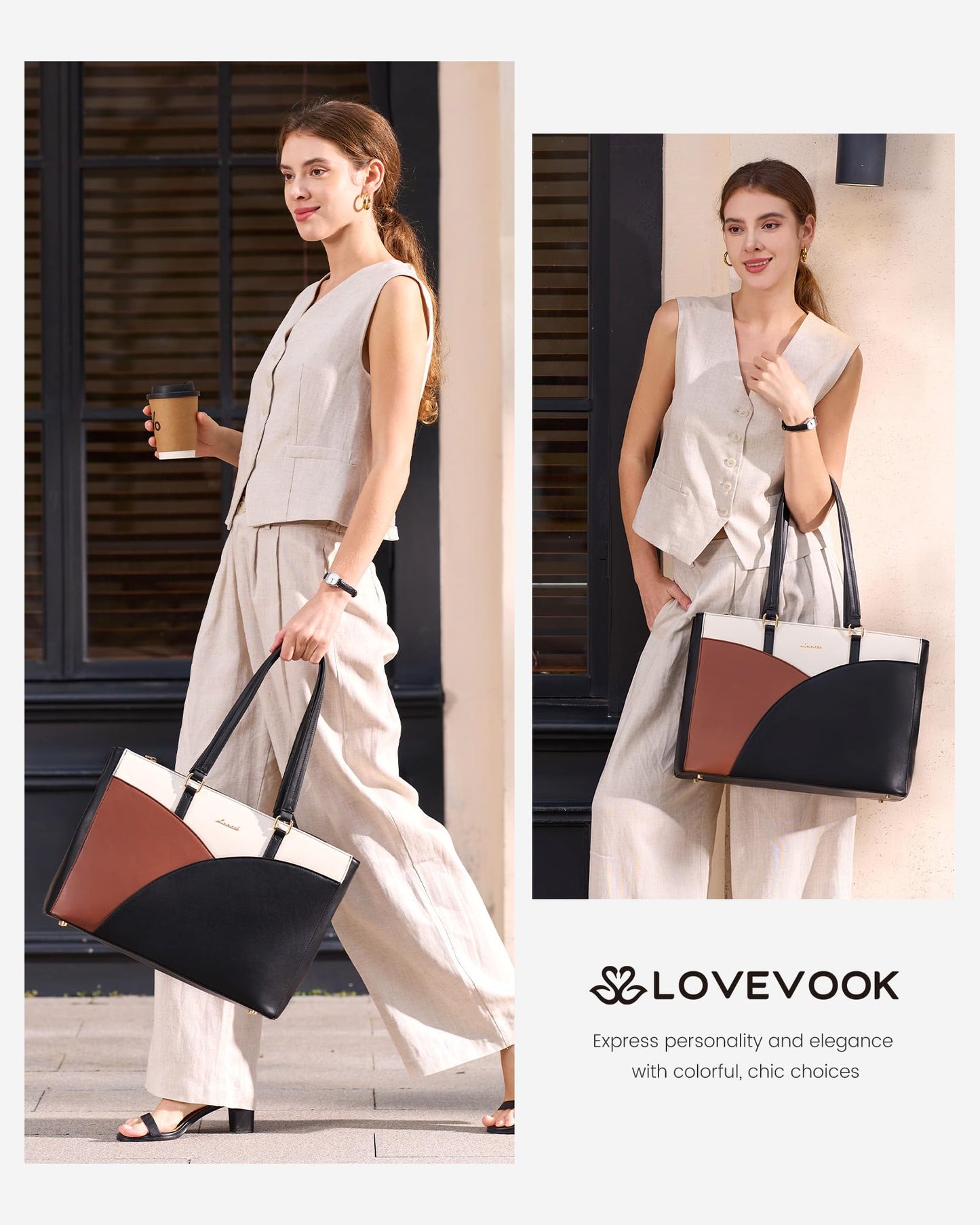 LOVEVOOK Laptop Bag for Women,17.3Inch Work Teacher Bags Leather Tote Bag Briefcase Waterproof Computer Bag for Women，Black-White-Brown