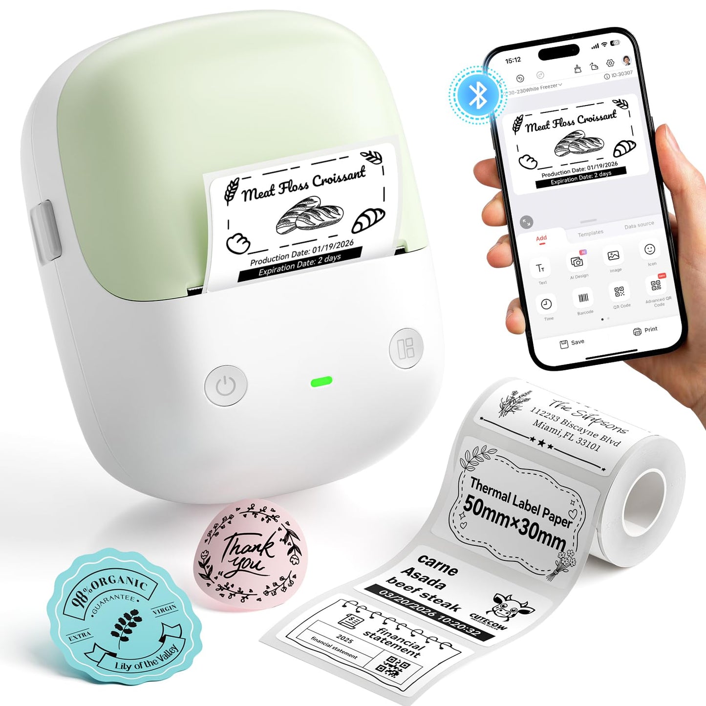 NIIMBOT B2 Label Maker Machine with Tape, Portable Bluetooth 2Inch Label Printer with Multiple Templates, Thermal Labeler for Home Kitchen Office Coffee Shop Bakery Organization, Green White