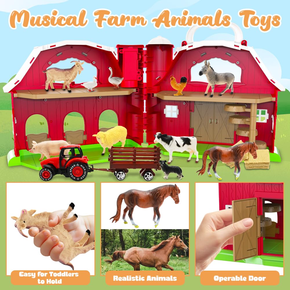 Red Barn Toys for Toddlers 1-3, Farm Animal Figures Playset with Tractor for 2 3 4 5 Year Old Kids, Musical Preschool Montessori STEM Learning Toys, Christmas Birthday Easter Gift for Boys Girls