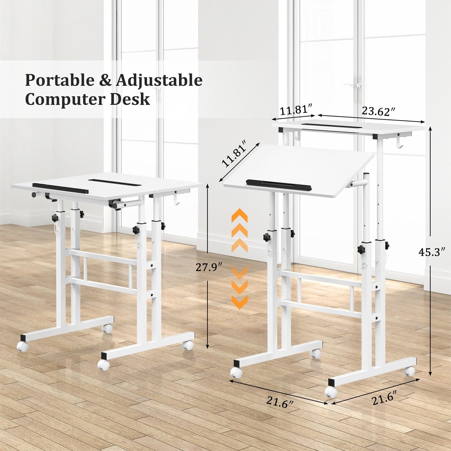 Enayplon Small Standing Desk with Wheels, Mobile Stand Up Desk, Portable Standing Table on Wheels for Walking Pad, Rolling Computer Desk Adjustable Height, Tall Table